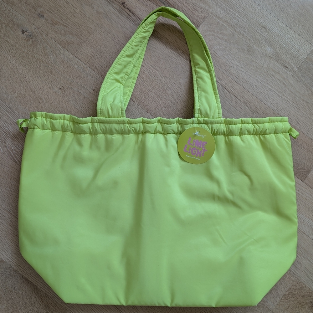 Lime Light neon green drawstring tote with snap closure